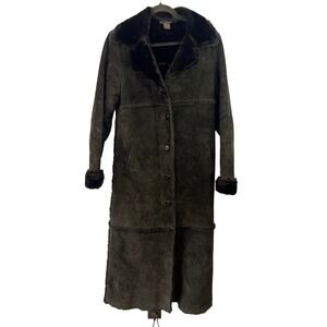Vintage Express Black Suede Leather Faux Fur Penny Lane Y2K Long Coat SZS